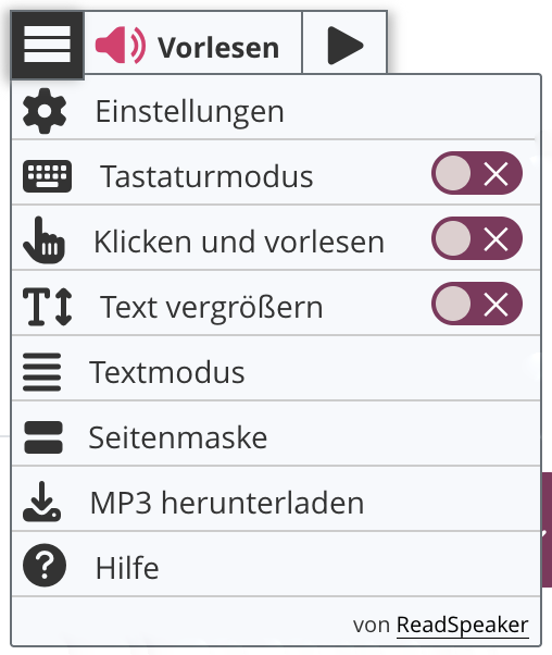 Das Web-Reader-Menü